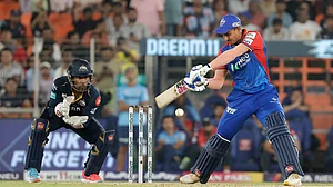 AP Photo/Pravin Indrekar : Delhi Capitals' Sumit Kumar bats during the Indian Premier League cricket match between Delhi Capitals and Gujarat Titans in Ahmedabad.