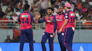 (AP Photo/Surjeet Yadav)
: Rajasthan Royals' Kuldeep Sen, left, celebrates with teammates after the dismissal of Punjab Kings' Shashank Singh during the Indian Premier League cricket match between Punjab Kings and Rajasthan Royals in Mohali, India, Saturday, April 13, 2024.