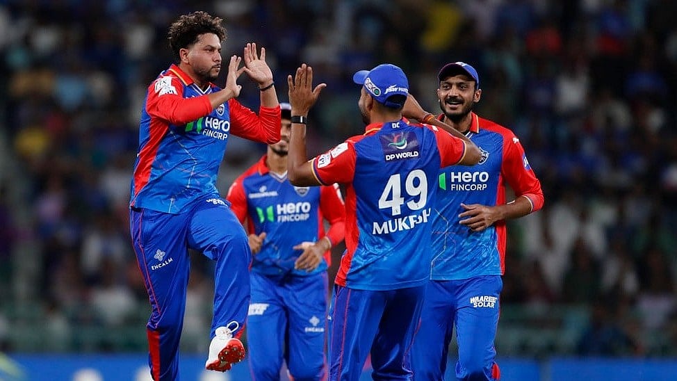 AP Photo/Surjeet Yadav : Delhi Capitals' Kuldeep Yadav, left, celebrates with teammates after the dismissal of Lucknow Super Giants' Nicholas Pooran during the Indian Premier League cricket match between Lucknow Super Giants and Delhi Capitals in Lucknow, India, Friday, April 12, 2024.