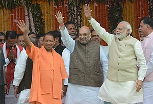 (Photo by Ashok Dutta via Getty) : UP's Deputy CM Keshav Prasad Maurya, BJP president Amit Shah, UP CM Yogi Adityanath and Prime Minister Narendra Modi with other party leaders during the swearing-in ceremony at Lucknow's sprawling Smriti Upvan complex, on March 19, 2017, in Lucknow, India.