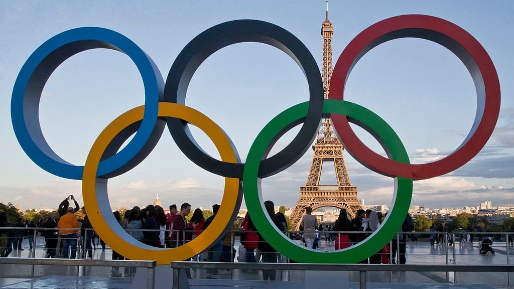The Olympic rings are set up at Trocadero Plaza that overlooks the Eiffel Tower in Paris on Sept. 14, 2017. - AP File