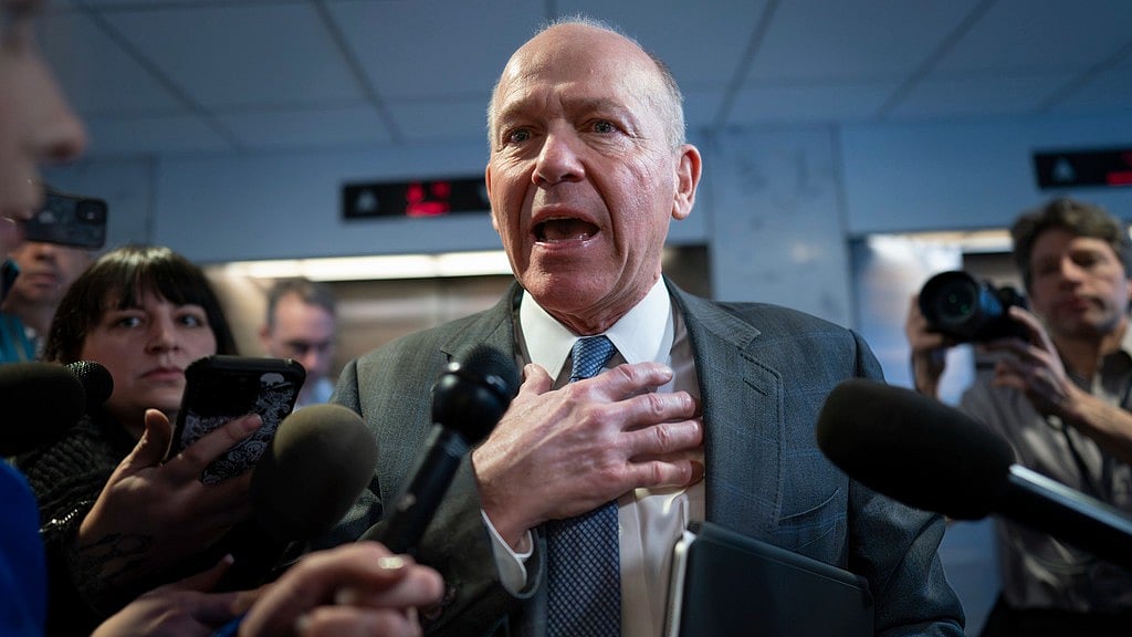 AP : Boeing CEO David Calhoun speaks briefly with reporters after a meeting in the office of Sen. Mark Warner, D-Va., at the Capitol in Washington, Jan. 24, 2024.
