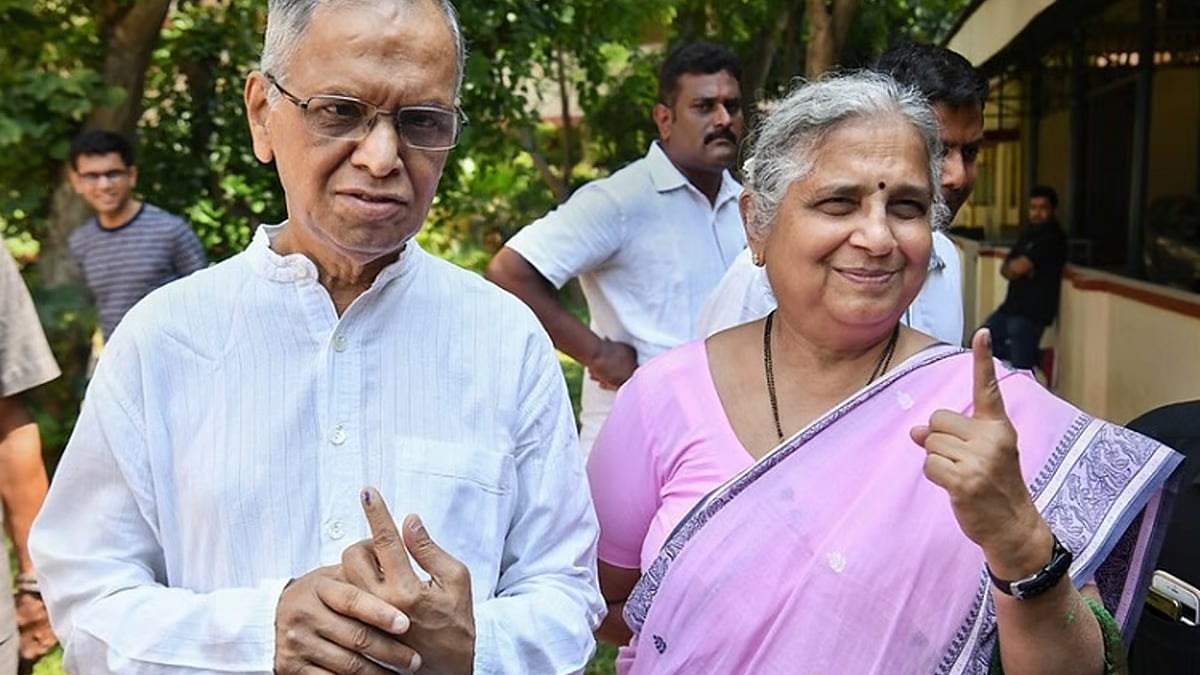 PTI  : Sudha Murthy, Narayana Murthy Amongst Early Voters In Bengaluru