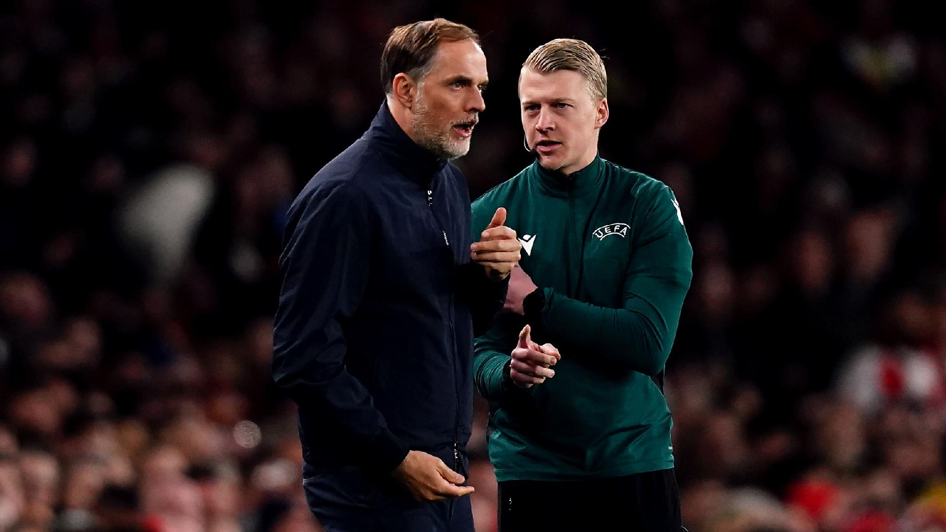 John Walton/PA : Thomas Tuchel, left, expresses his frustration to the fourth official.