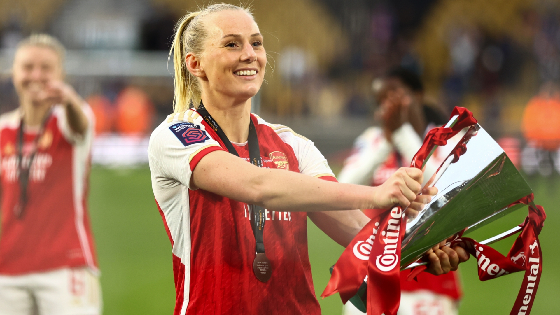 Arsenal's Stina Blackstenius celebrates with FA Women's League Cup. - null