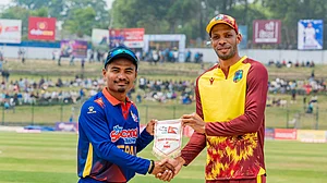 X/Cricket Nepal : Captains Rohit Paudel and Roston Chase pose for a photograph ahead of the first T20 match between Nepal and West Indies 'A' in Kirtipur on April 27, 2024.