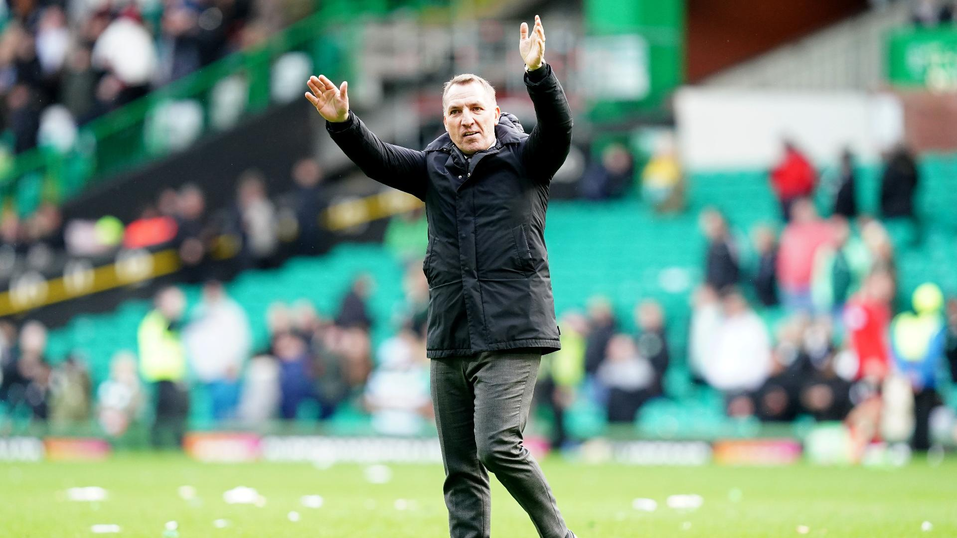 Brendan Rodgers, the Celtic manager, greets the crowd after a 3-0 win. -  Jane Barlow/PA