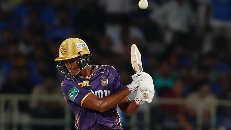 Kolkata Knight Riders' Angkrish Raghuvanshi plays a shot during Indian Premier League cricket match between Delhi Capitals and Kolkata Knight Riders in Visakhapatnam, India, Wednesday, April 3, 2024. - (AP Photo/ Surjeet Yadav)