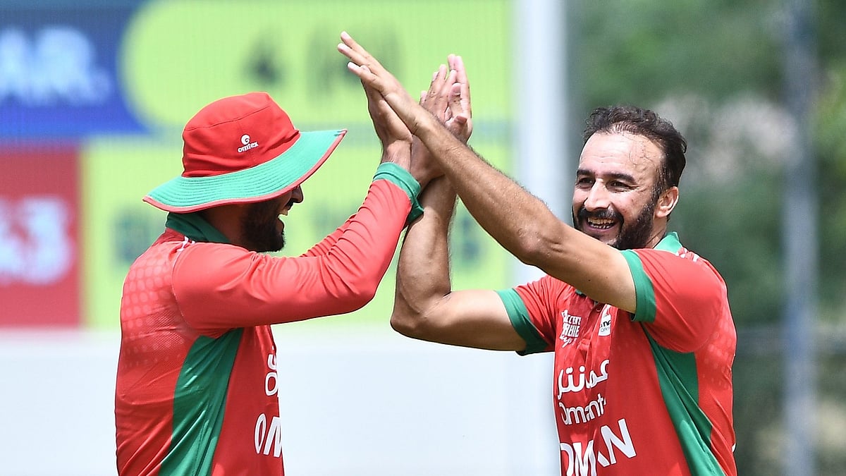 X | Oman Cricket : Oman's Mohammed Naseem and Aaqib Ilyas in action at the ACC Men's T20I Premier Cup match against UAE on April 15, 2024. 