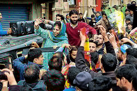 Gearing up for Polling Day: PDP’s Mehbooba Mufti addressing a crowd at Qazigund in South Kashmir on April 16, 2024