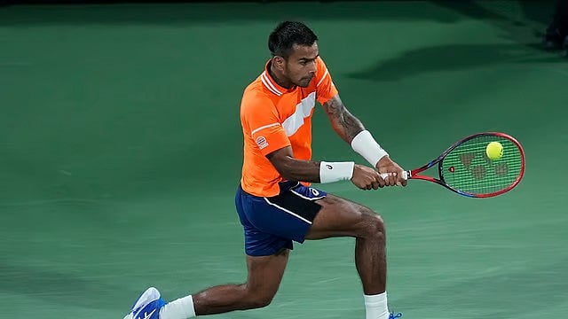 File photo of India's top-ranked singles tennis player Sumit Nagal in action at Dubai Tennis Championships 2024. - AP