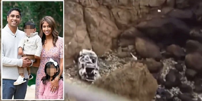 X : Indian-origin radiologist Dharmesh Patel with his family (L) and image of his car after accident (R).