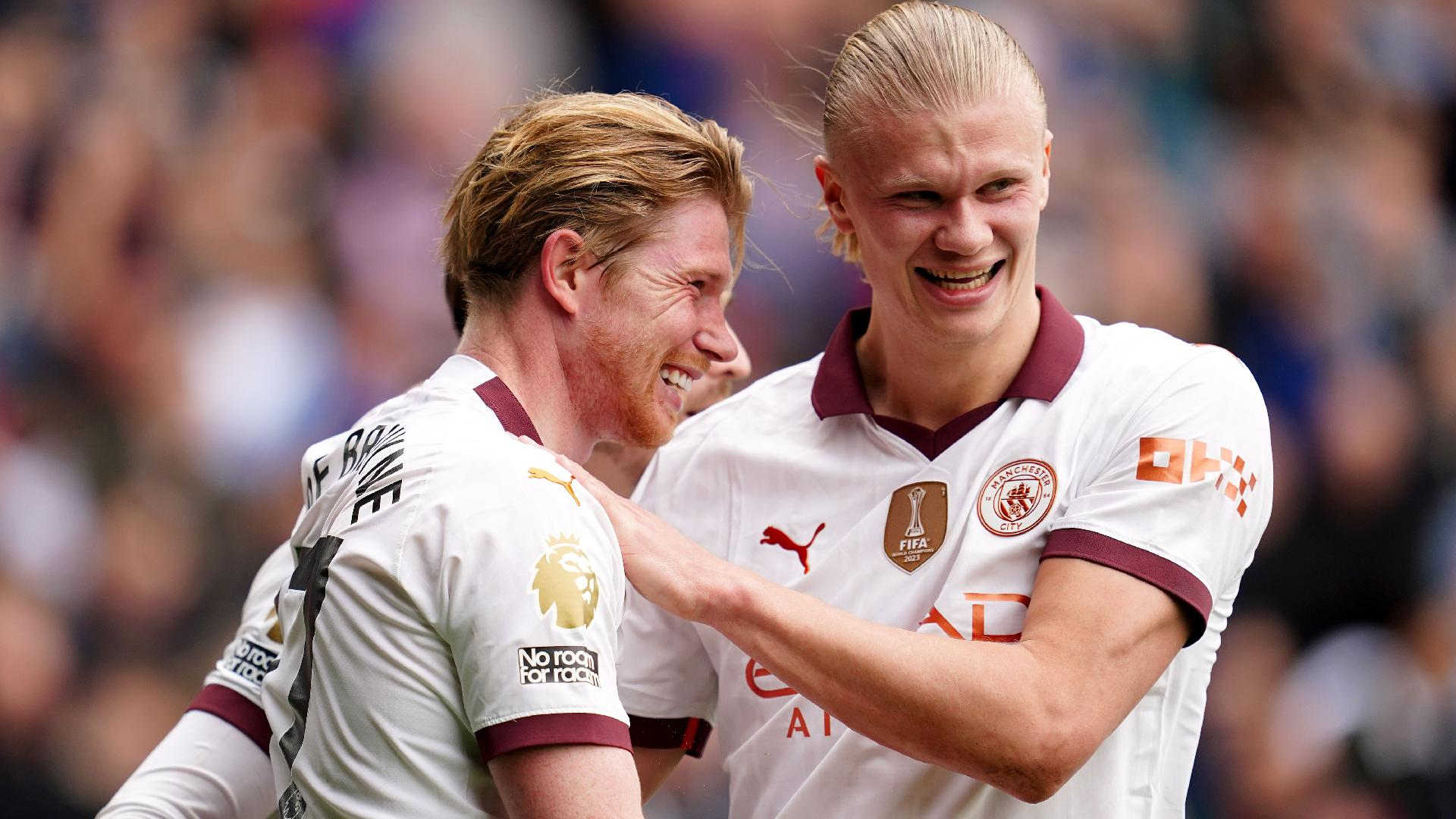 Kevin De Bruyne, left, celebrates a goal with Erling Haaland. - Adam Davy/PA
