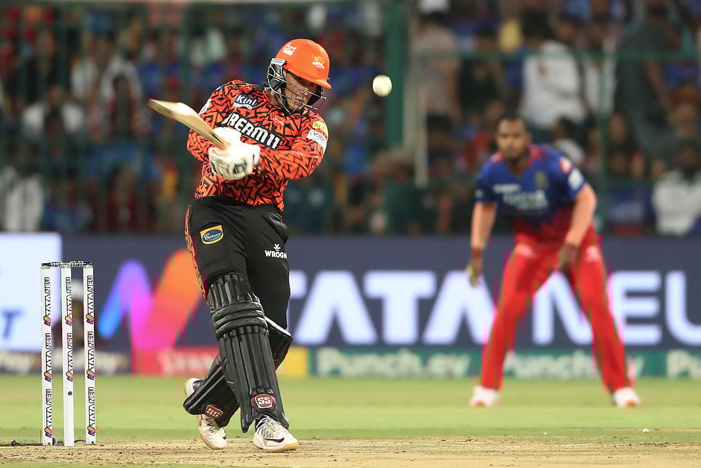 Sunrisers Hyderabad's Abhishek Sharma plays a shot during the Indian Premier League cricket match between Royal Challengers Bangaluru and Sunrisers Hyderabad in Bengaluru, India, Monday, April 15, 2024.  - (AP Photo/Kashif Masood)


