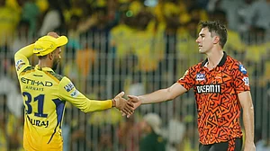 AP Photo/R.Parthiban : Chennai Super Kings' captain Ruturaj Gaikwad, left, greets Sunrisers Hyderabad's captain Pat Cummins at the end of the Indian Premier League cricket match between Chennai Super Kings and Sunrisers Hyderabad in Chennai.