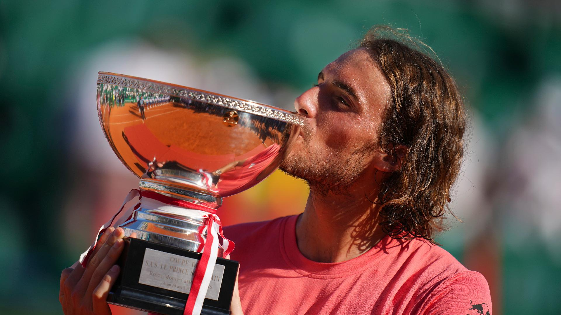 Stefanos Tsitsipas with the trophy after his Monte-Carlo Masters final victory over Casper Ruud. - Daniel Cole/AP