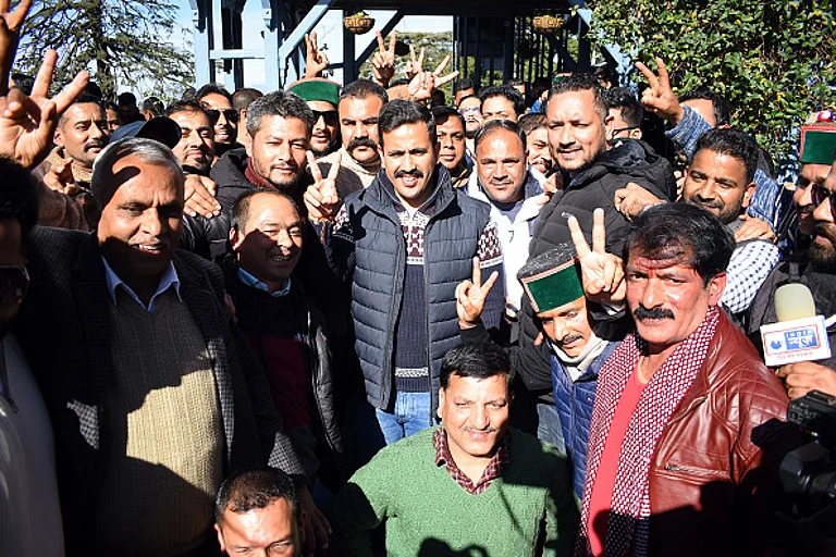 Vikramaditya Singh along with party workers celebrating the victory in Himachal Pradesh assembly election at Holly Lodge, on December 8, 2022, in Shimla, India - (Photo by Deepak Sansta via Getty Images)

