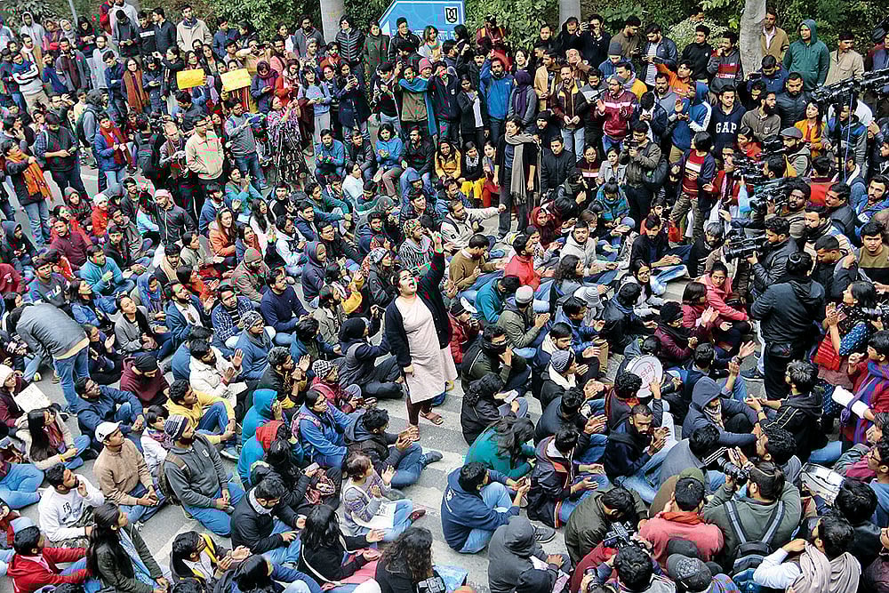 Photo: Suresh K. Pandey : Democracy In Action: Students stage a protest at the Jawaharlal Nehru University campus