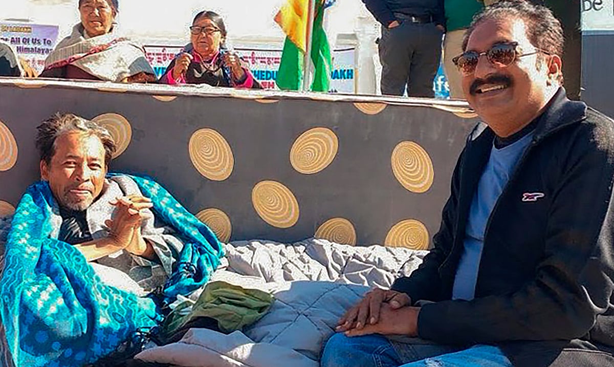 Climate activist Sonam Wangchuk with actor Prakash Raj during the hunger strike, in Leh, March 26, 2024. -  PTI Photo