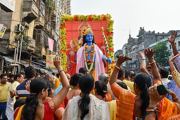 Devotees are seen chanting '' Jai Shree Ram '' in front of a statue of Lord Rama during a religious procession on the occasion of Ram Navami in Kolkata (representative image) - Getty Images