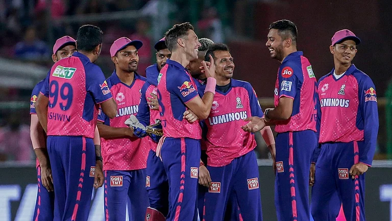 Rajasthan Royals celebrate the dismissal of Mumbai Indians' Rohit Sharma during their Indian Premier League 2024 match in Jaipur on April 22. - AP