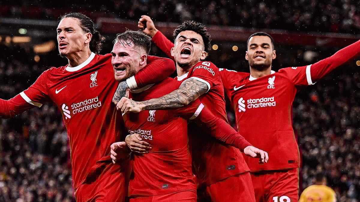 Liverpool players celebrate during their win against Sheffield United on Friday - X/@LFC