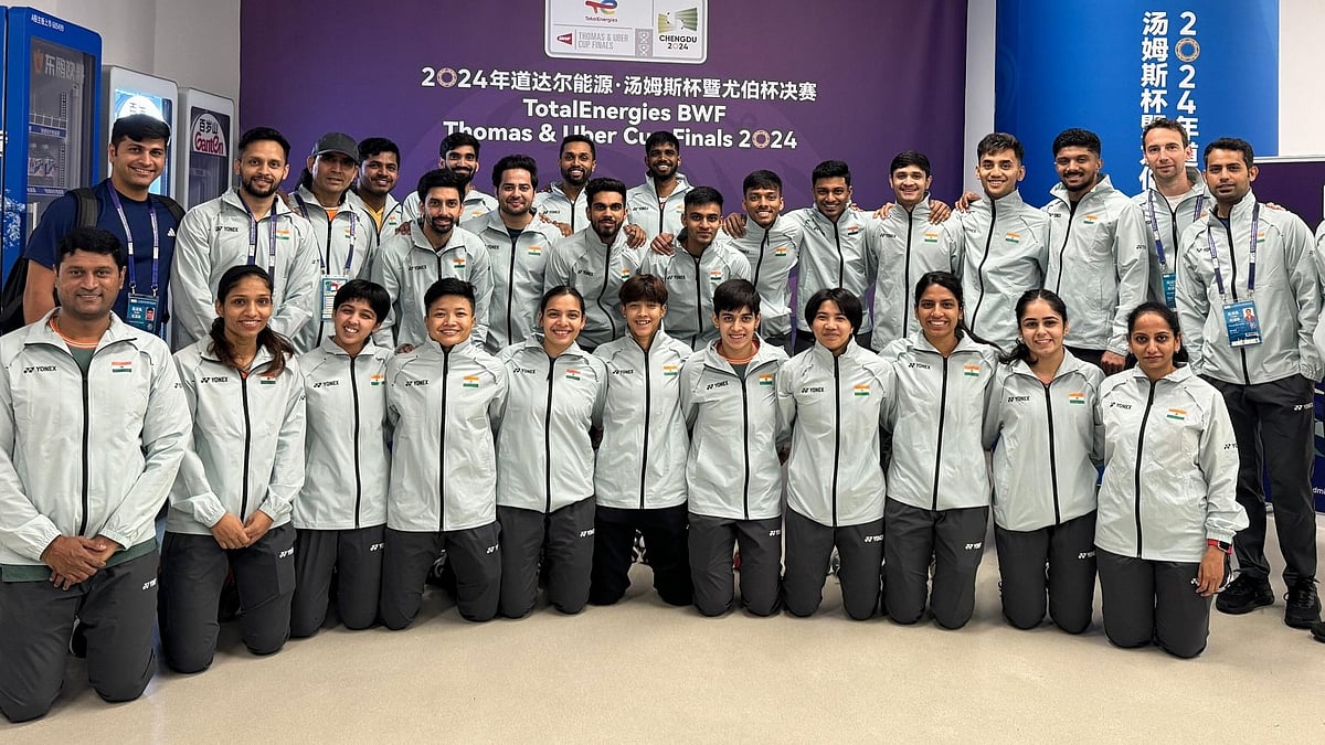 The Indian badminton contingent in Chengdu (China) for the Thomas Cup and Uber Cup championships.  - X/BAI Media