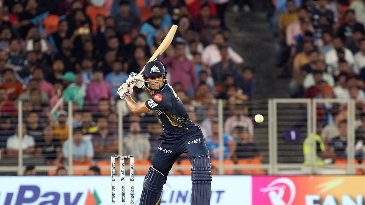 AP Photo/STR : Gujarat Titans' captain Shubman Gill plays a shot during the Indian Premier League cricket match between Gujarat Titans and Punjab Kings in Ahmedabad.