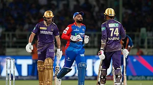 AP Photo/ Surjeet Yadav : Delhi Capitals' captain and wicketkeeper Rishabh Pant, centre, runs to change the side after an over as Kolkata Knight Riders' Phil Salt and Sunil Narine walk, during Indian Premier League 2024 match between Delhi Capitals and Kolkata Knight Riders in Visakhapatnam.