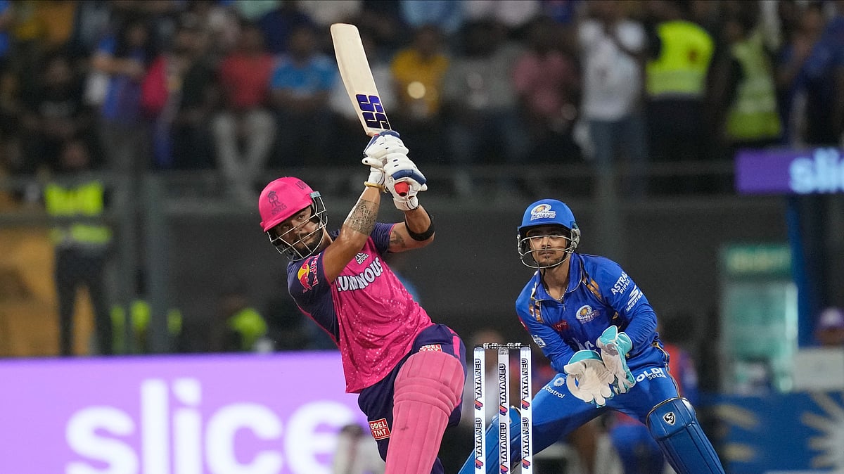 AP Photo/ Rafiq Maqbool : Rajasthan Royals' Riyan Parang plays a shot during the Indian Premier League 2024 match between Mumbai Indians and Rajasthan Royals in Mumbai.