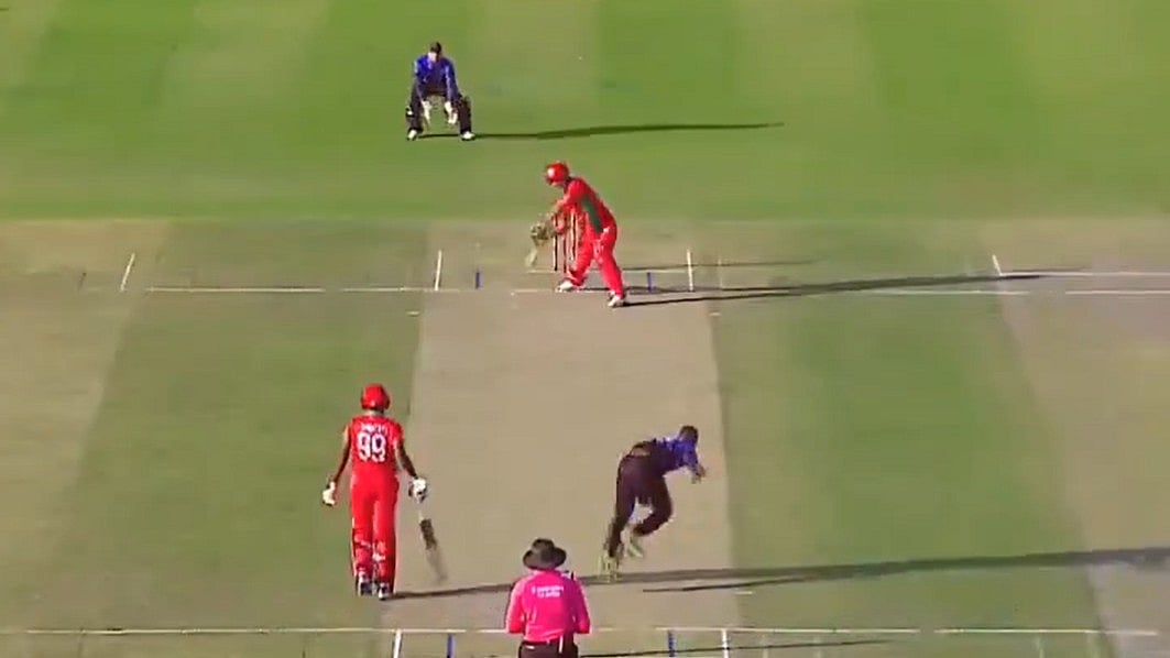 Sceengrab : Tangeni Lungameni of Namibia bowls to Oman's Rafiullah during their fourth T20I cricket match in Al Amerat on April 5, 2024.
