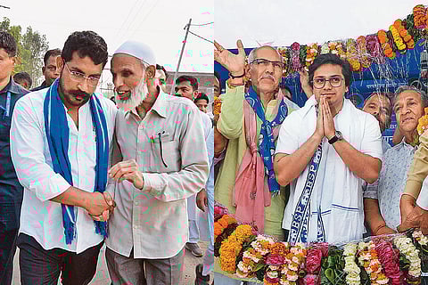 (Left) Chandrashekhar Azad Ravan of the Aazad Samaj Party with his supporters in Najibabad; (Right) BSP national coordinator Akash Anand at an election rally in Mathura