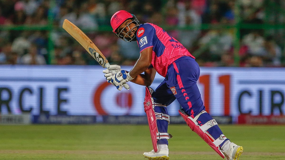 Rajasthan Royals' captain Sanju Samson plays a shot during the Indian Premier League cricket match between Mumbai Indians and Rajasthan Royals in Jaipur, India, on Monday, April 22, 2024.  - Surjeet Yadav/AP