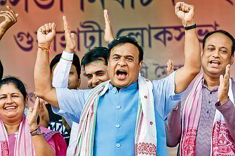 Himanta Biswa Sarma at a public meeting for the Lok Sabha elections at Assam’s Kamrup district