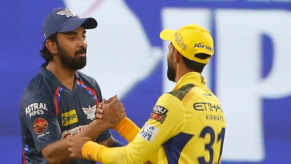 AP Photo/Surjeet Yadav : Lucknow Super Giants' captain KL Rahul, left, greets Chennai Super Kings' captain Ruturaj Gaikwad after winning the Indian Premier League cricket match in Lucknow.