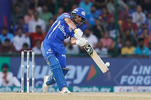 (AP Photo/ Surjeet Yadav) : Mumbai Indians' Ishan Kishan plays a shot during the Indian Premier League cricket match between Delhi Capitals and Mumbai Indians in New Delhi, India, Saturday, April 27, 2024.