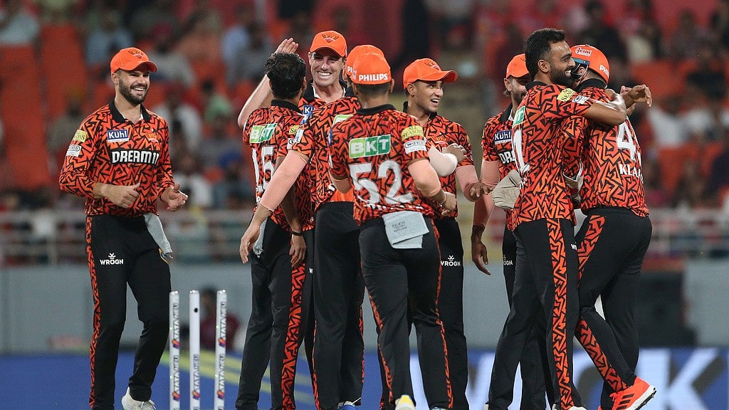 AP : Sunrisers Hyderabad celebrate the dismissal of Punjab Kings captain Shikhar Dhawan during their Indian Premier League 2024 match in Mohali on April 9, 2024.