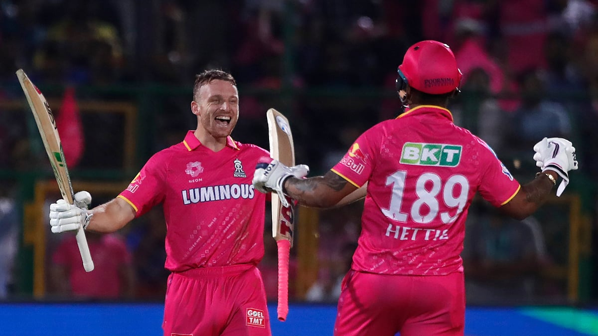 AP Photo/Pankaj Nangia : Rajasthan Royals' Jos Buttler and Shimron Hetmyer celebrate their win over Royal Challengers Bengaluru in the Indian Premier League match between Rajasthan Royals and Royal Challengers Bengaluru in Jaipur.