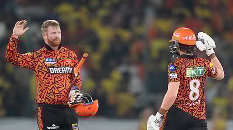 Sunrisers Hyderabad's Heinrich Klaasen, left, and Nitish Kumar Reddy celebrate after winning the Indian Premier League cricket match between Sunrisers Hyderabad and Chennai Super Kings in Hyderabad.
