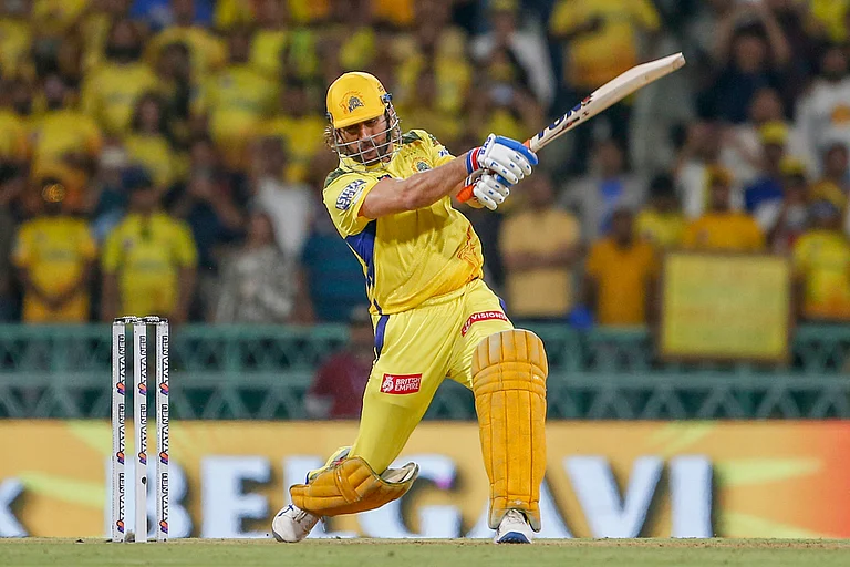 Chennai Super Kings' MS Dhoni hits a boundary during their Indian Premier League 2024 match against Lucknow Super Giants in Lucknow on April 19. - AP