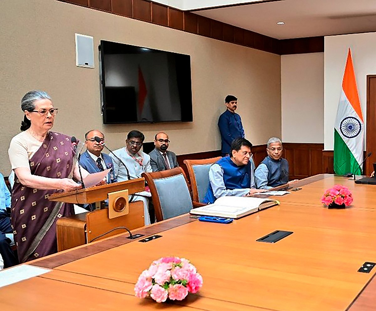 PTI : Congress leader Sonia Gandhi taking oath as Rajya Sabha MP on Thursday