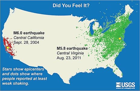 Map showing areas where tremors were felt.