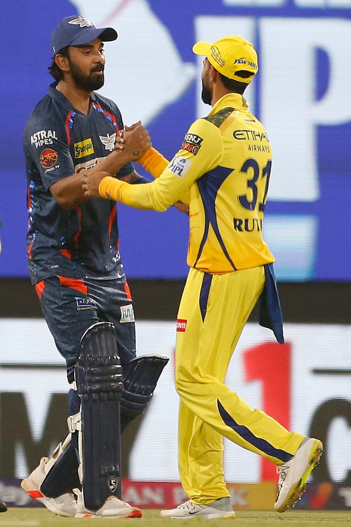 AP : Captains KL Rahul (left) and Ruturaj Gaikwad after match 34 of Indian Premier League 2024 between Lucknow Super Giants and Chennai Super Kings. 