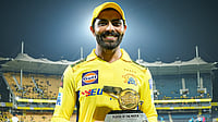 X/@ChennaiIPL : Ravindra Jadeja poses with the Player of the Match award after CSK's win over KKR on Monday