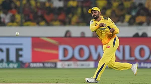 AP Photo/Mahesh Kumar A. : Chennai Super Kings' captain Ruturaj Gaikwad throws the ball after fielding it during the Indian Premier League match between Sunrisers Hyderabad and Chennai Super Kings in Hyderabad.