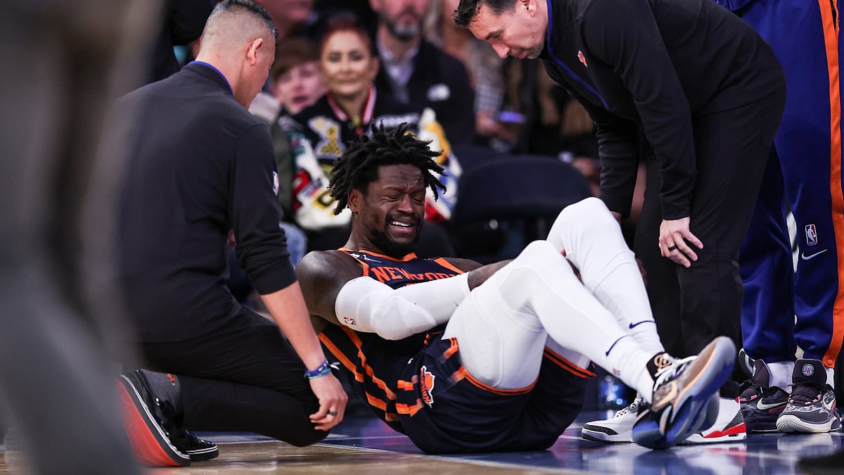 Julius Randle on the ground after getting injured during the second quarter of the game against the Miami Heat
