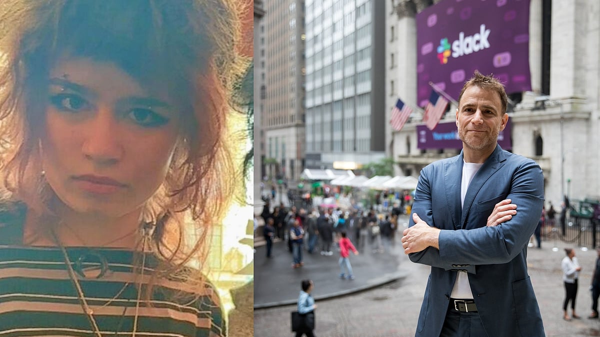 X : Mint Butterfield (L), the teenage child of Slack co-founder Stewart Butterfield (R).