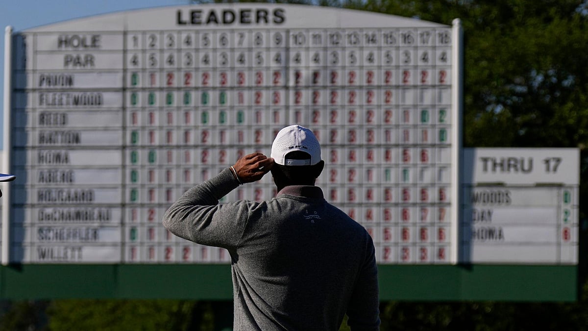 George Walker IV/AP : Tiger Woods looks at the leader board on the 18th hole as he eyes a sixth Masters title. 