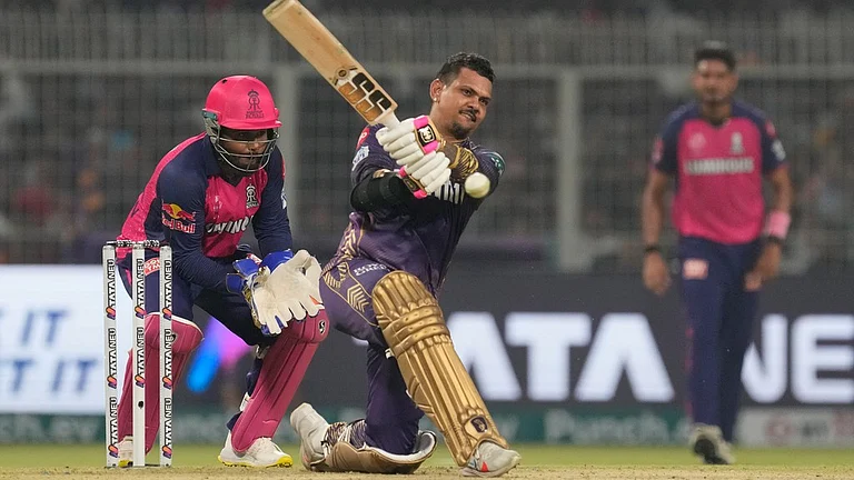 Kolkata Knight Riders' Sunil Narine plays a shot during the Indian Premier League cricket match between Kolkata Knight Riders and Rajasthan Royals in Kolkata, India, on Tuesday, April 16, 2024.
- (AP Photo/Bikas Das)