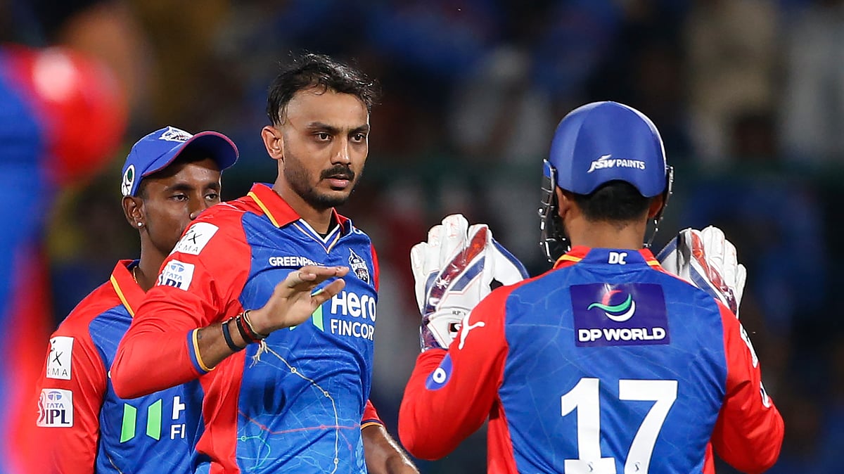 Delhi Capitals' Axar Patel celebrates the wicket of Sunrisers Hyderabad's Heinrich Klaasen during their Indian Premier League match in New Delhi on April 20, 2024. - Surjeet Yadav/AP